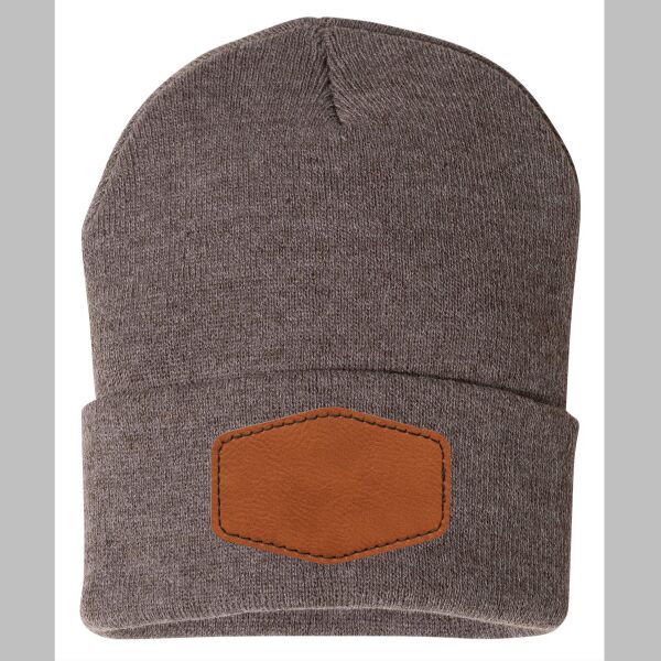 12" Solid Cuffed Beanie W/ Leather Patch Thumbnail